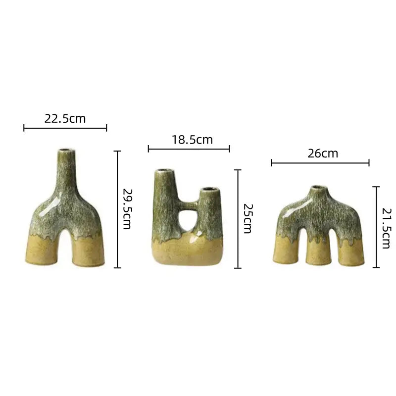 Three uniquely shaped abstract green and beige glaze ceramic vases with kiln-changing glaze for living room decorbites decor