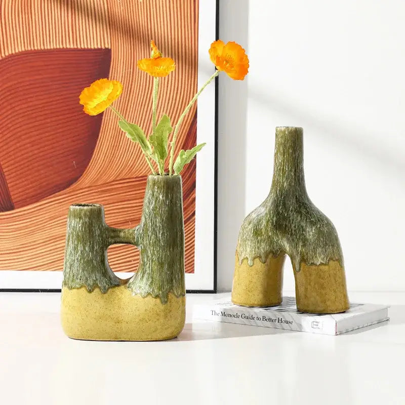 Two green and yellow glaze ceramic vases with kiln-changing decorbites abstract finish for living room decor