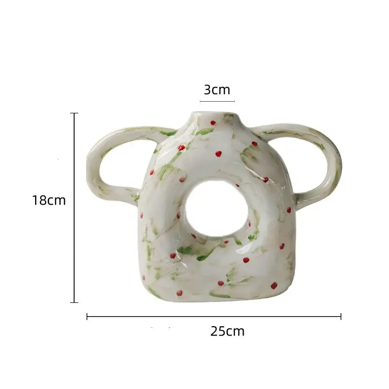 White ceramic abstract handle ceramic vase with red and green floral patterns for living room decorbites decor