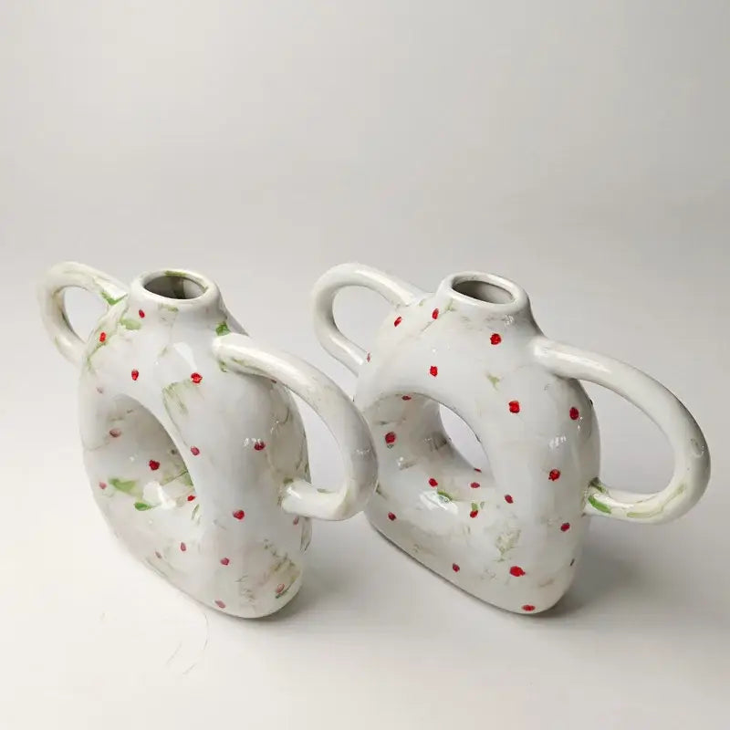 White ceramic abstract handle ceramic vases with dual handles and red dot decorbites abstract handle pattern for living room decor