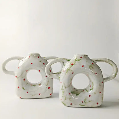 White ceramic abstract handle ceramic vases with red dots and green leaf decor for living room decorbites abstract handle set