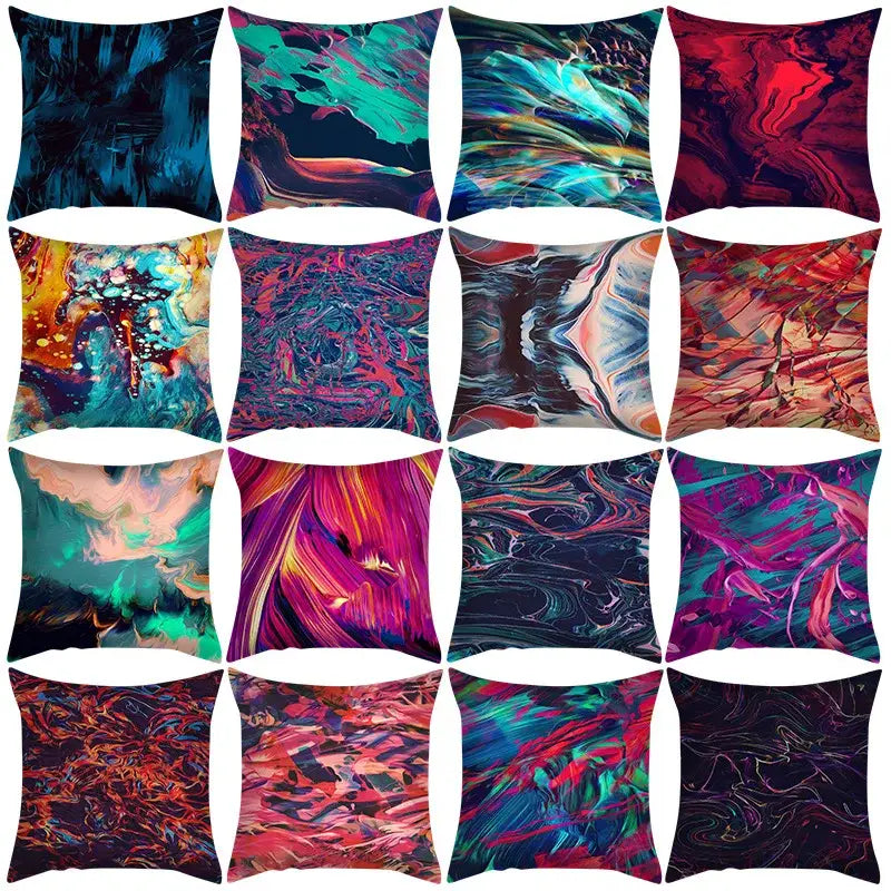 A collection of abstract ink marbling cushion covers in teal red purple and orange for vibrant living room decorbites decor