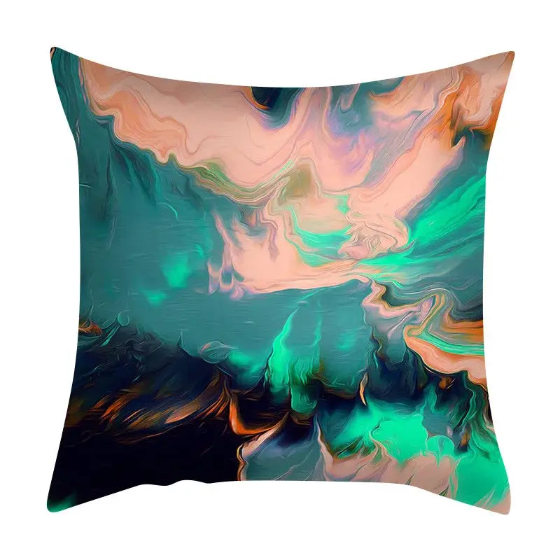 Square cushion cover featuring decorbites abstract ink marbling design in swirling teal coral and black for living room decor