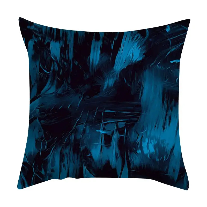 Square throw pillow with bold abstract ink marbling design in deep blues and black cushion cover by decorbites