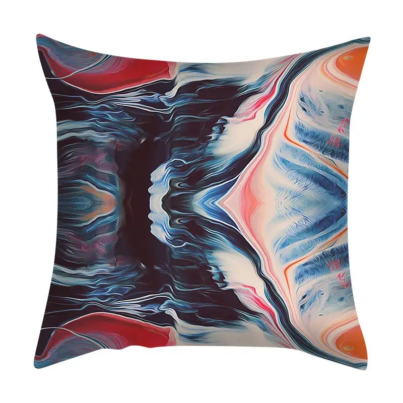 Square throw pillow with decorbites abstract ink marbling cushion cover featuring vibrant blue red white and orange patterns
