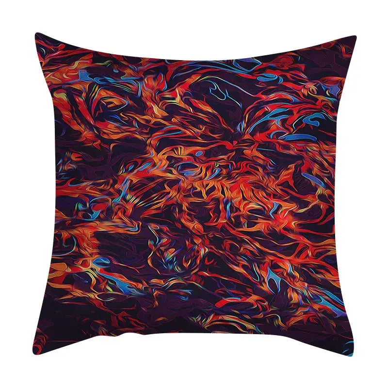 Square throw pillow with vibrant abstract ink marbling swirl pattern in reds, oranges, and blues by decorbites cushion cover