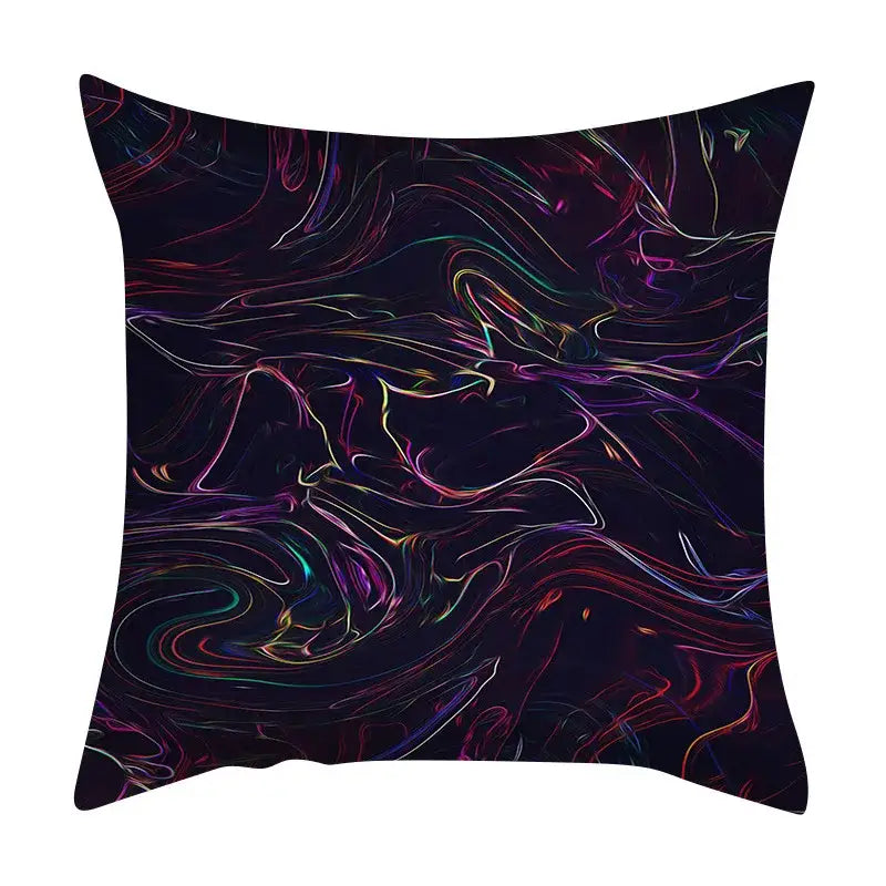 Square throw pillow with decorbites abstract ink marbling cushion cover in neon purple pink teal and yellow on black background
