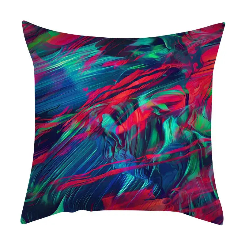 Vibrant abstract ink marbling cushion cover with swirling red teal and deep blue patterns for living room decorbites throw pillow