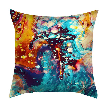 Vibrant abstract ink marbling cushion cover with swirling teal orange and gold patterns for living room decorbites decor