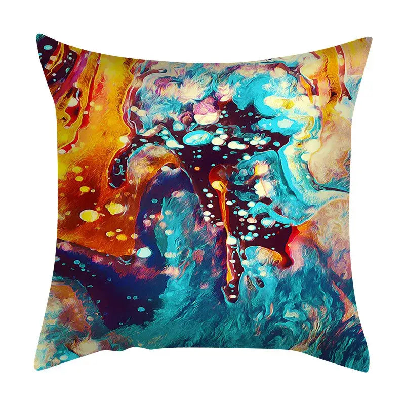 Vibrant abstract ink marbling cushion cover with swirling teal orange and gold patterns for living room decorbites decor