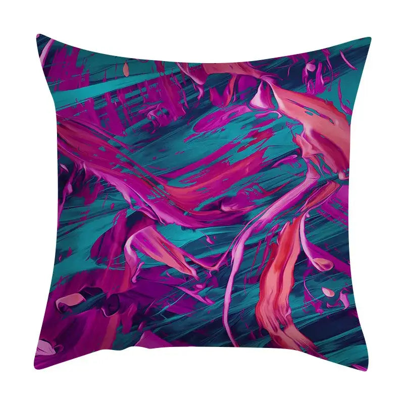 Vibrant abstract ink marbling cushion cover with magenta fuchsia and teal swirl patterns by decorbites for living room decor
