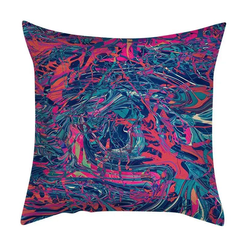 Vibrant decorbites abstract ink marbling cushion cover with swirling electric pink teal and navy blue patterns for living room decor