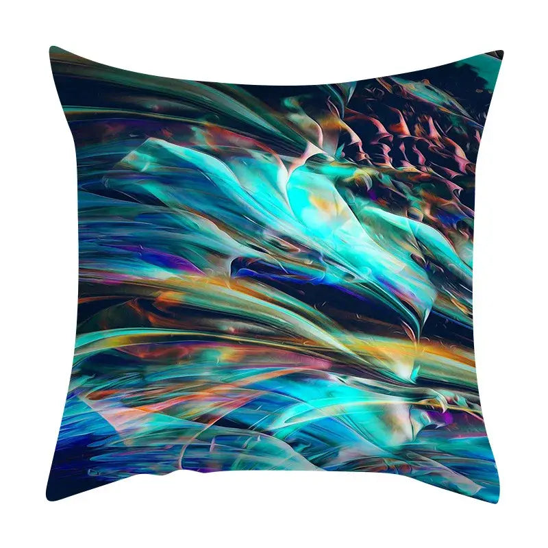 Vibrant decorbites abstract ink marbling cushion cover with teal blue purple and gold swirling patterns for living room decor