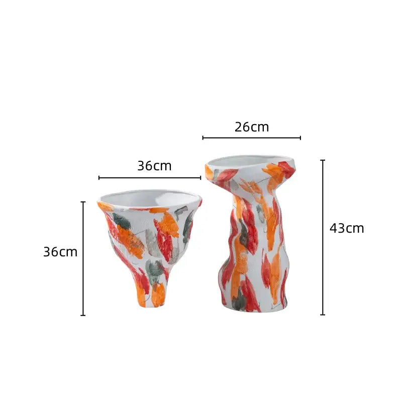 Two ceramic vases with abstract irregular orange red and gray leaf patterns in a decorbites vase set for living room decor
