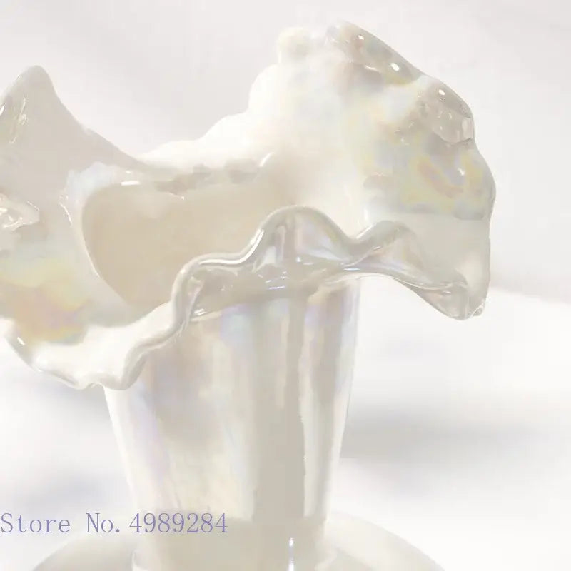 Iridescent white decorbites ceramic shell vase with fluted ruffled rim and smooth cylindrical body for living room decor