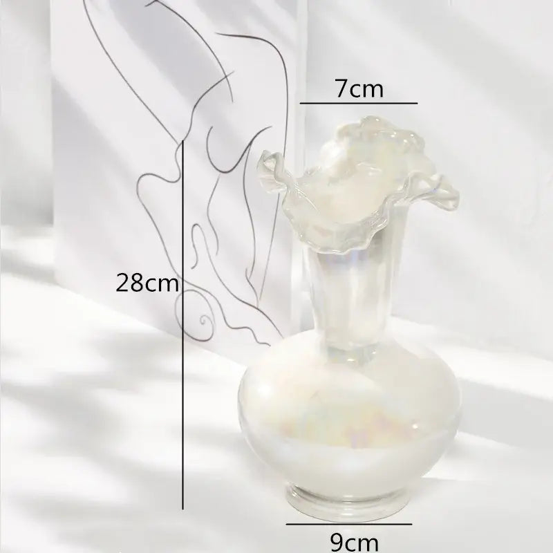 Translucent iridescent glass vase with rounded base and fluted rim for decorbites ceramic shell living room decor