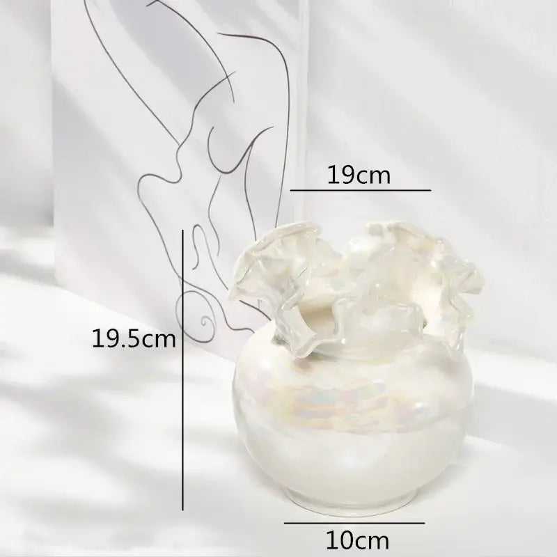 Iridescent white decorbites ceramic shell vase with ruffled leaf-like top for living room decor