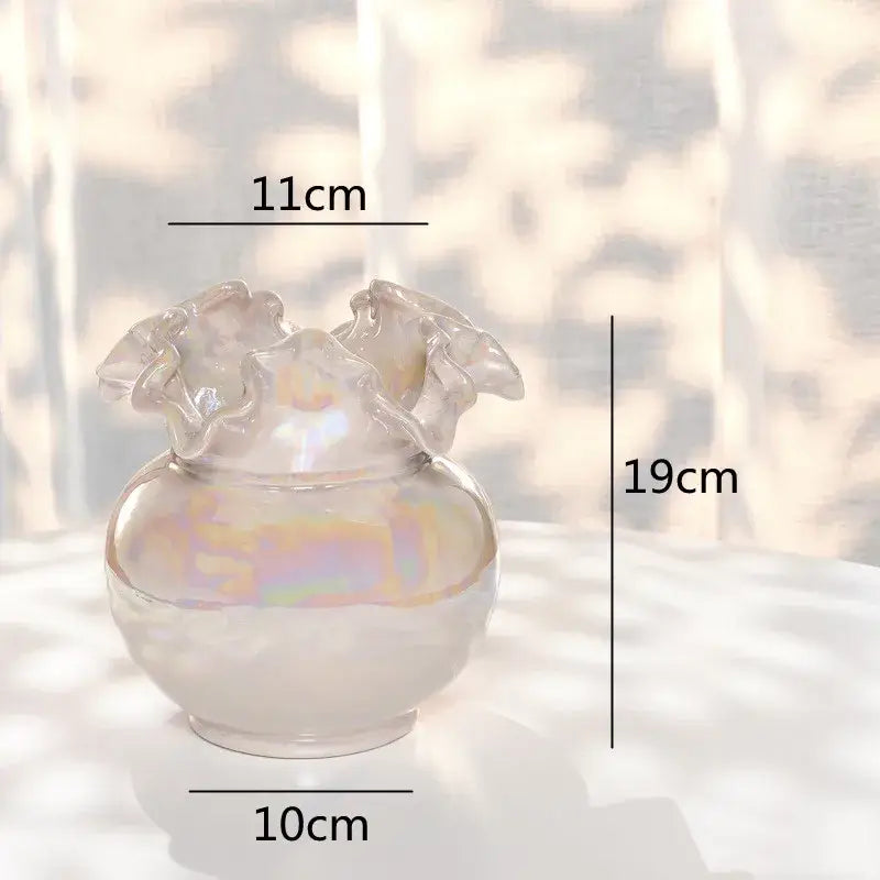 Abstract irregular white decorbites ceramic shell vase with iridescent glass ruffled petal rim for living room decor