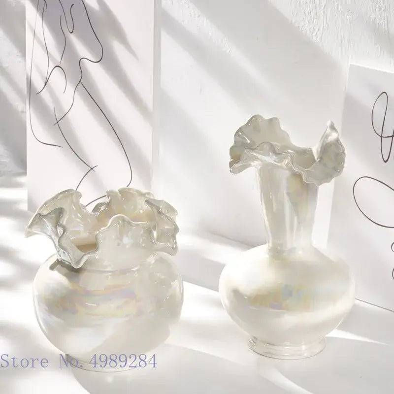 Two iridescent white decorbites ceramic shell vases with ruffled leaf-like rims for living room decor