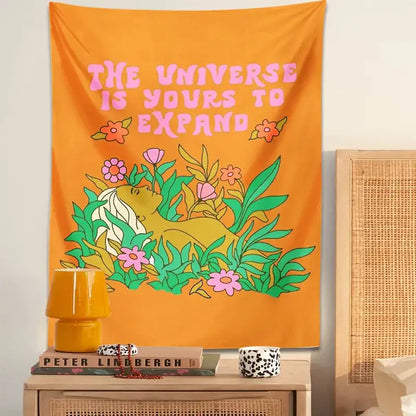 Vibrant orange abstract landscape flower tapestry with whimsical person and inspirational text for bedroom decorbites decor