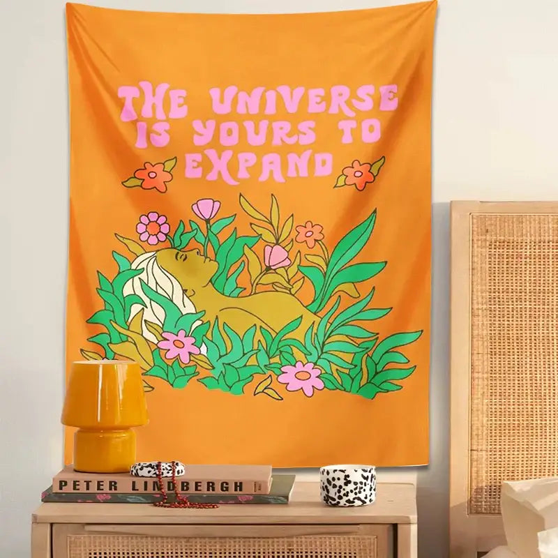 Vibrant orange abstract landscape flower tapestry with whimsical person and inspirational text for bedroom decorbites decor