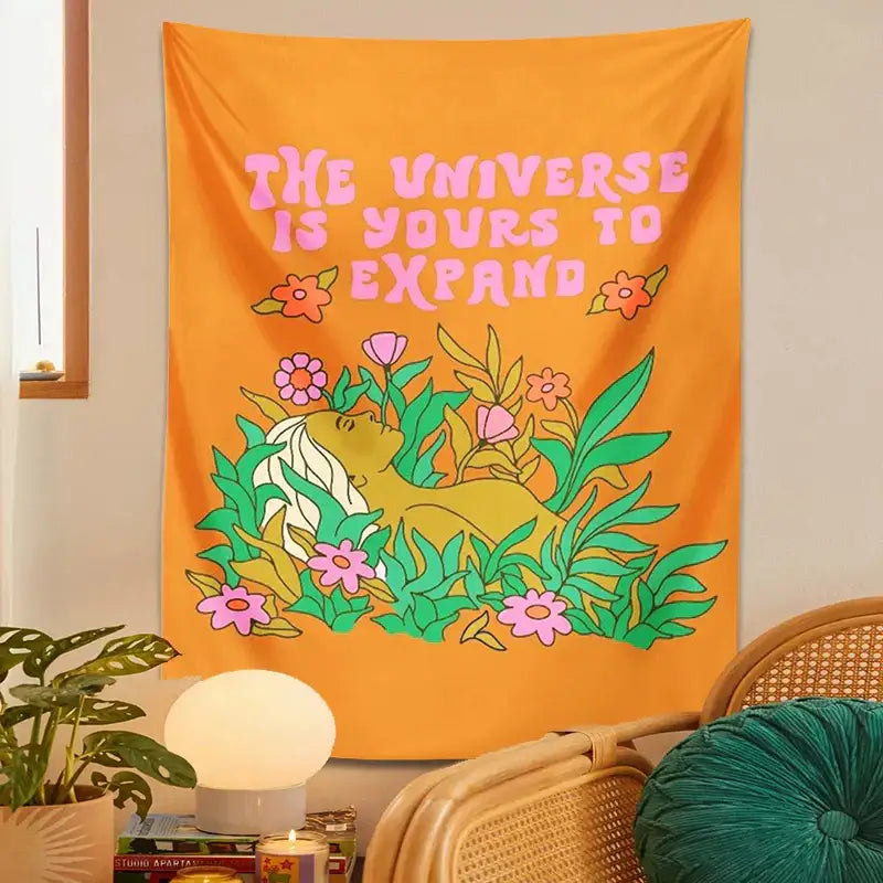 Vibrant orange decorbites abstract landscape flower tapestry with stylized person and motivational phrase for bedroom wall hanging