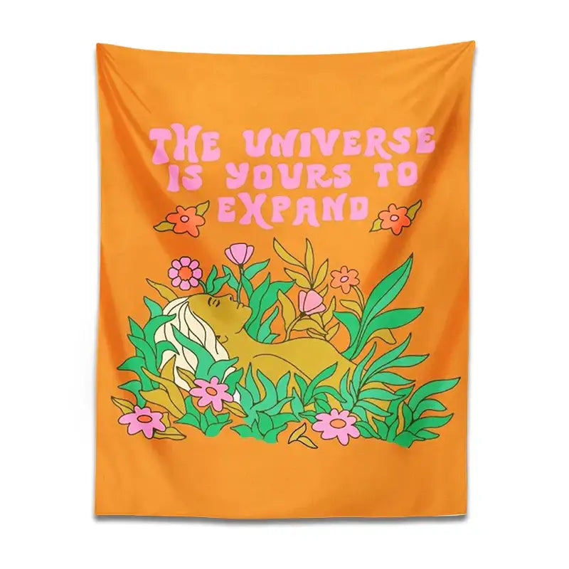 Vibrant orange abstract landscape flower tapestry with stylized figure and pink green flowers for bedroom decorbites decor