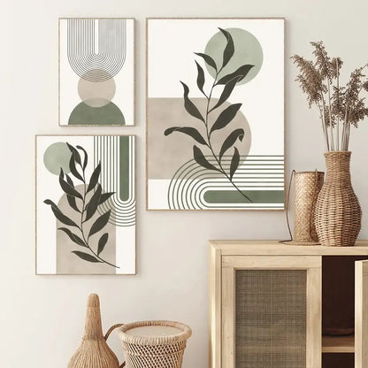 Three framed abstract geometric canvas paintings with minimalist botanical designs in muted green beige black and white tones wall art
