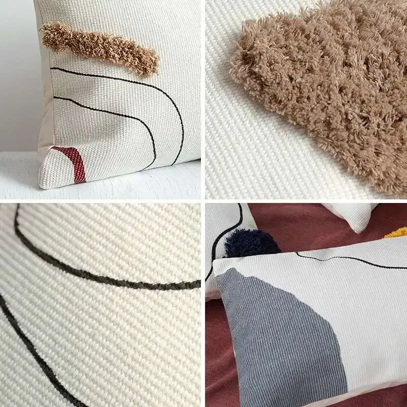 Cream-colored cushion cover with textured fabric black embroidered lines and brown fuzzy accent for living room decorbites abstract line colors