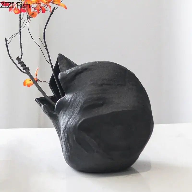 Black ceramic decorbites black vase shaped like a sleeping cat with abstract artwork matte finish for living room decor