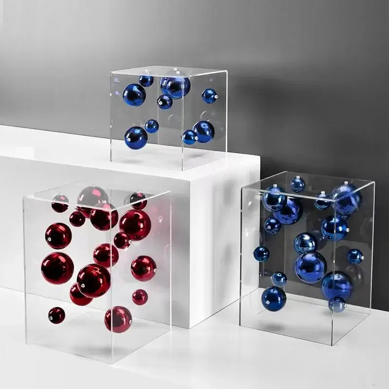 Clear acrylic cube containers filled with glossy red and blue spheres for decorbites abstract metal ball artworks living room decor