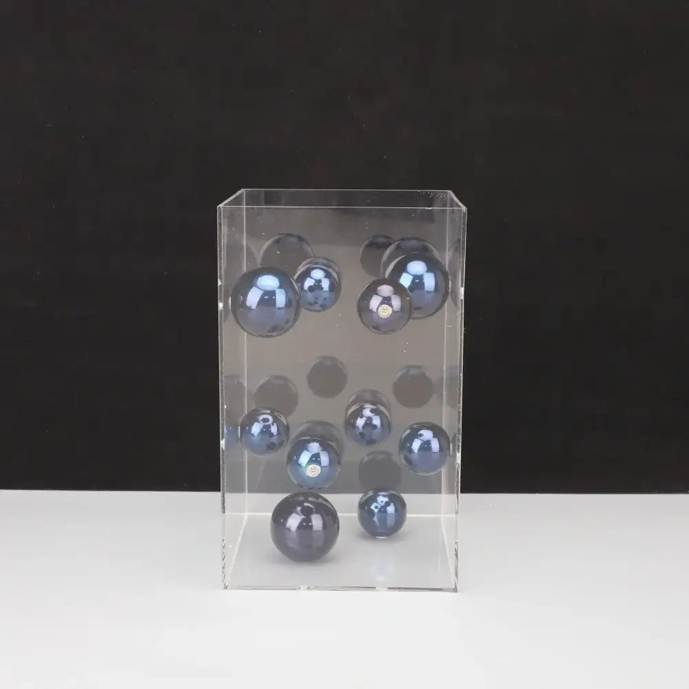 Clear acrylic display case with glossy dark blue glass spheres for decorbites abstract metal ball artworks cube decor