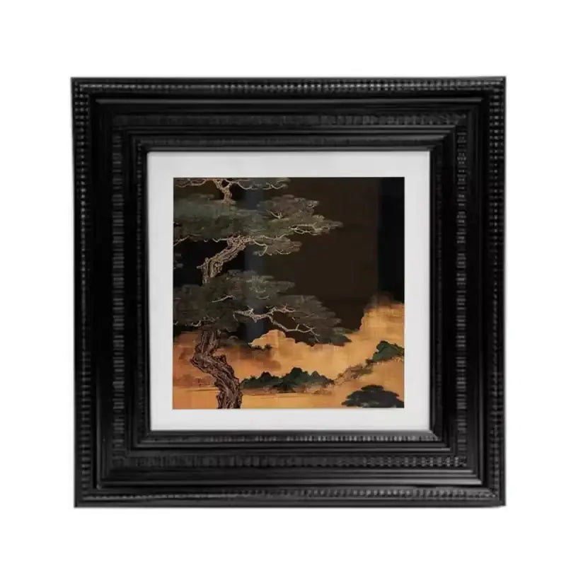 Black ornate picture frame with traditional japanese landscape painting featuring dark green pines for abstract modern wall art decorbites wall art