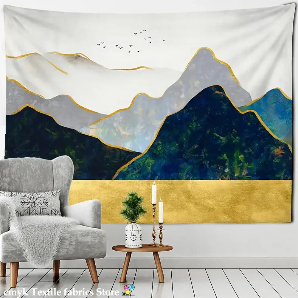 A modern abstract mountains oil wall hanging featuring deep blue and gray layered peaks with gold accents for bedroom decor