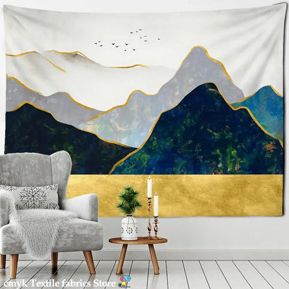 A modern abstract mountains oil wall hanging featuring deep blue and gray layered peaks with gold accents for bedroom decor