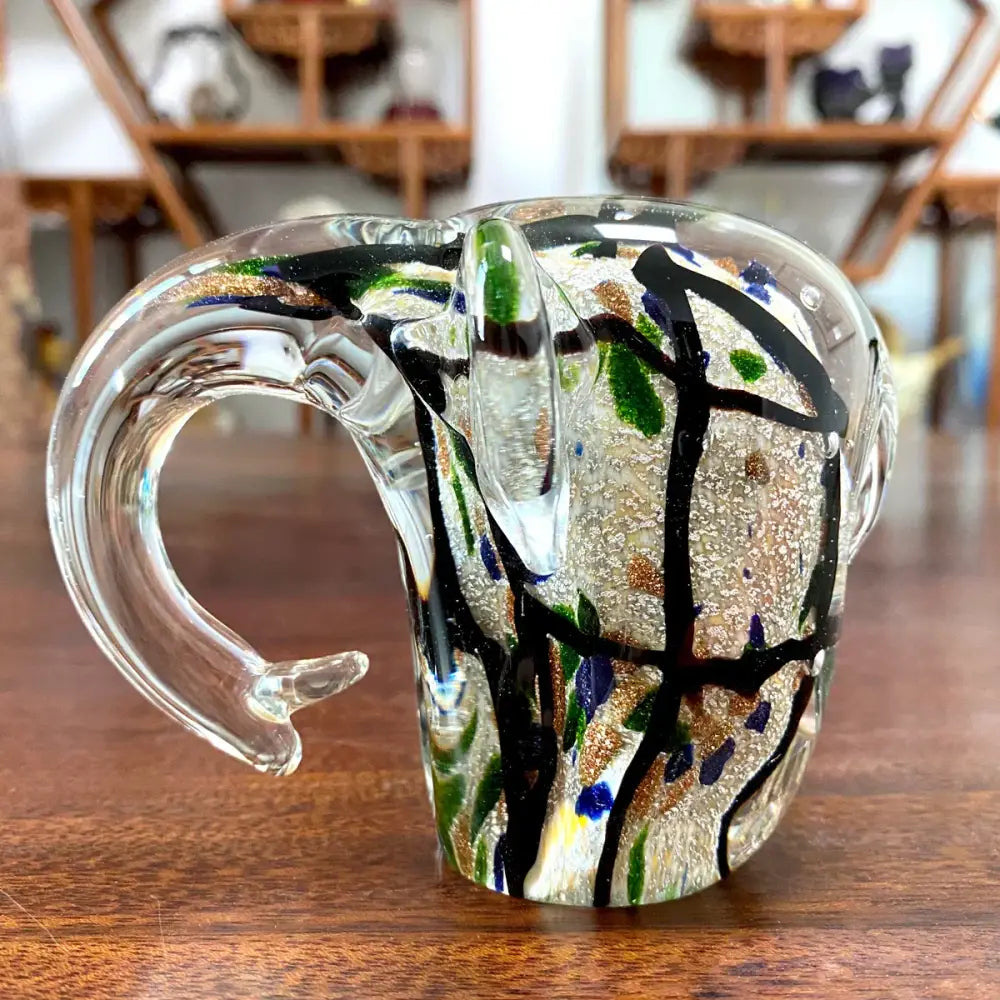 Clear glass elephant crystal sculpture with black green blue patterns and gold flecks for living room decorbites elephant crystal