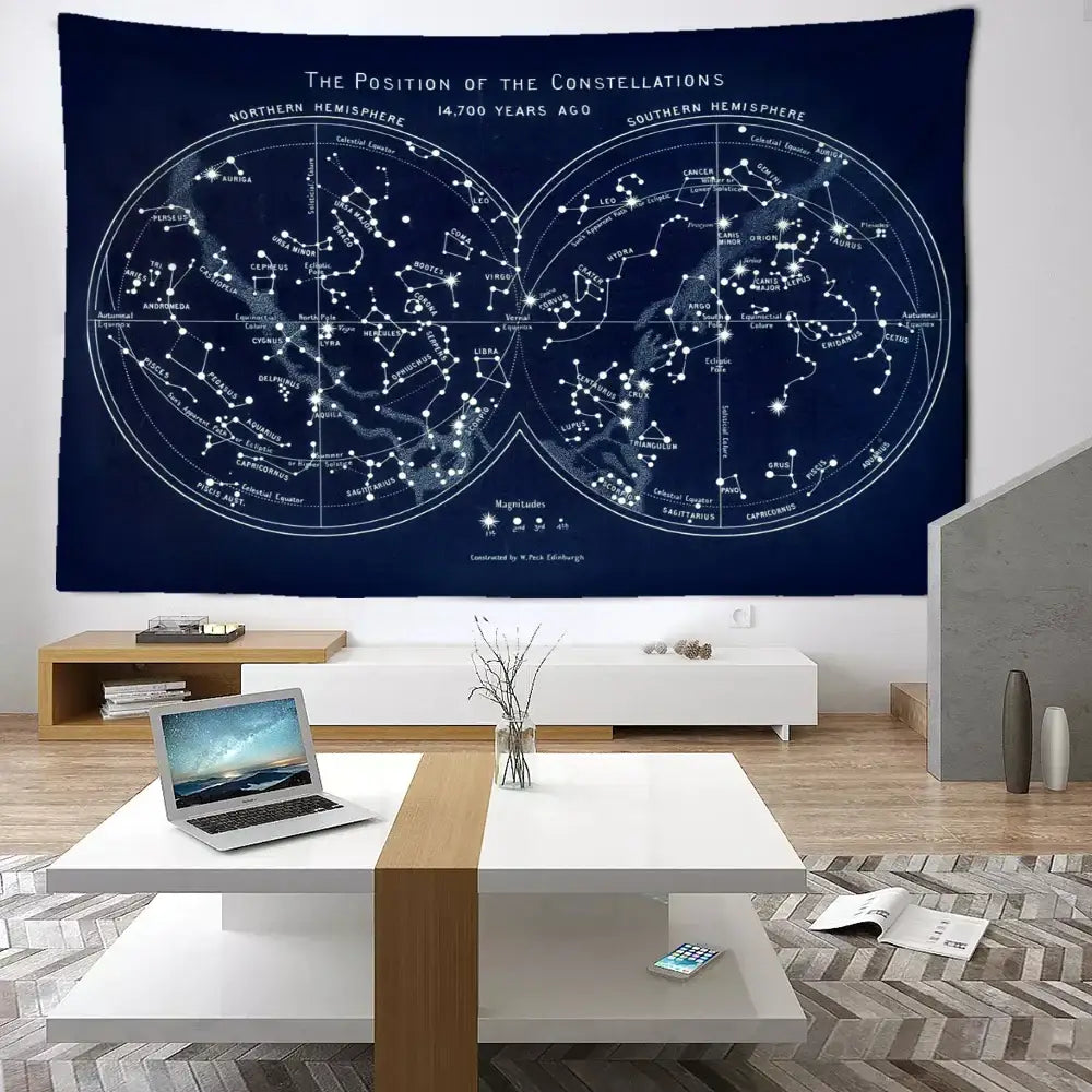 Abstract navy blue cosmic constellation compass tapestry featuring a celestial design from 14,700 years ago for bedroom decor