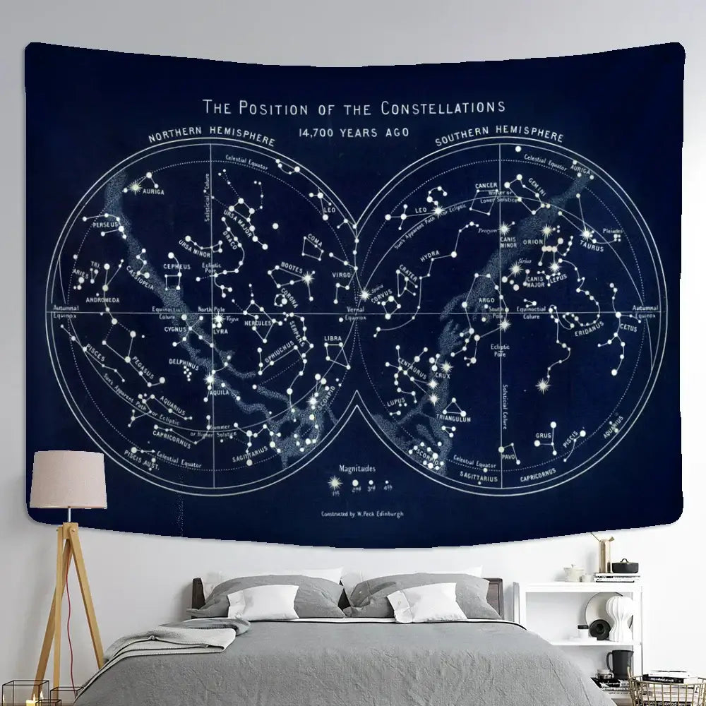 Abstract navy blue cosmic constellation compass tapestry featuring dark blue celestial design of 14,700 year old constellations