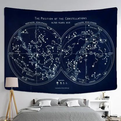 Abstract navy blue cosmic constellation compass tapestry featuring dark blue celestial design of 14,700 year old constellations