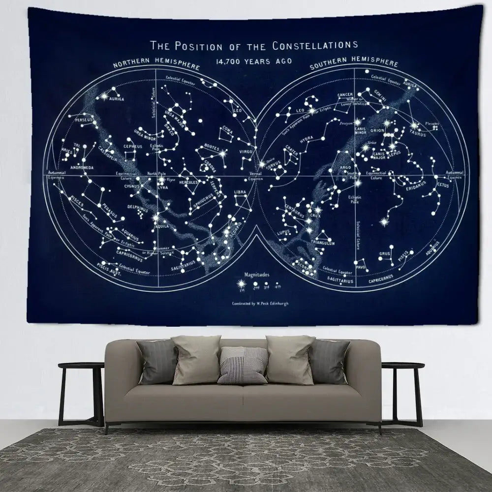 Abstract navy blue cosmic constellation compass tapestry featuring 14,700 year old celestial constellations for bedroom decor