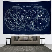 Abstract navy blue cosmic constellation compass tapestry featuring 14,700 year old celestial constellations for bedroom decor