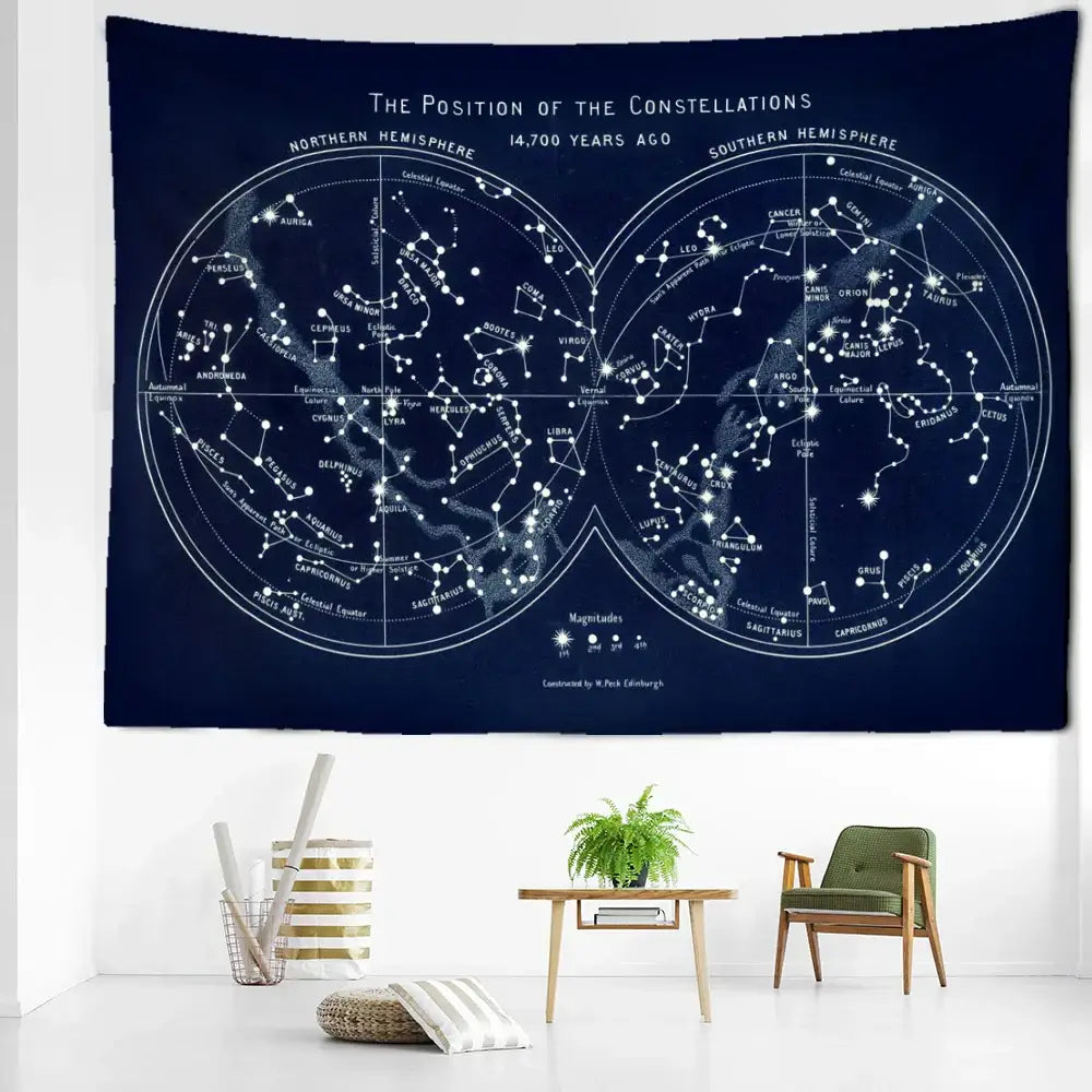 Abstract navy blue cosmic constellation compass tapestry with intricate white line drawings of northern and southern constellations
