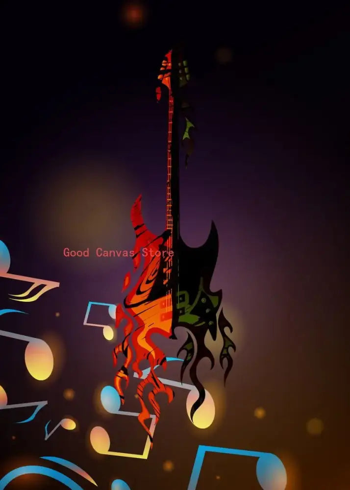 Abstract electric guitar canvas print featuring a fiery orange flame design set against a dark musical notes background