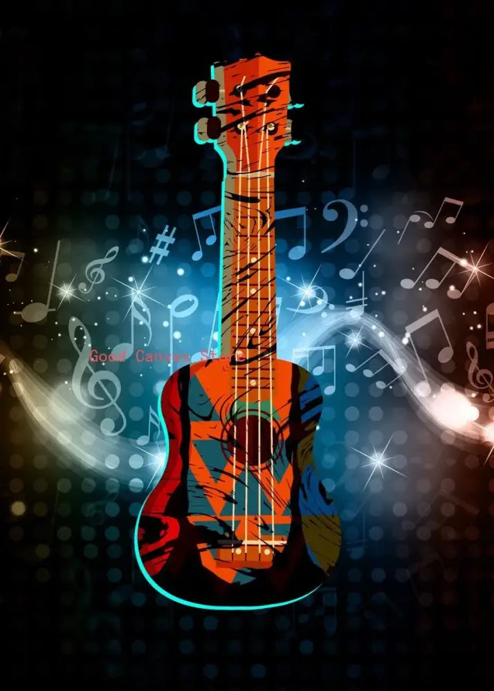 A vibrant orange and black abstract electric guitar canvas print featuring geometric patterns for living room wall art