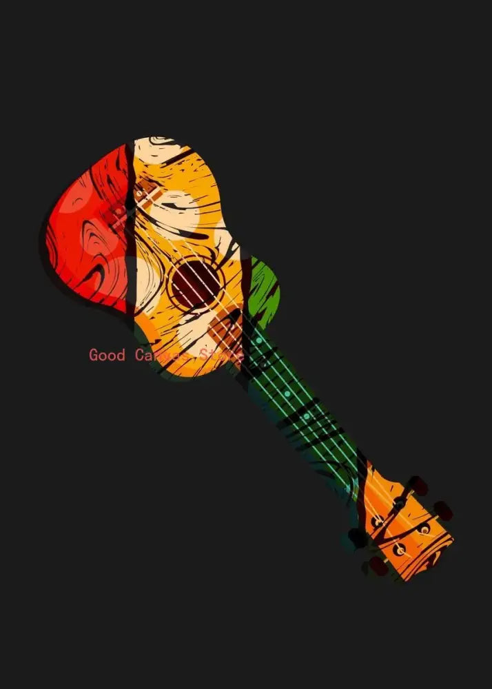 A vibrant red yellow and green ukulele canvas print featuring abstract electric guitar design for living room wall art