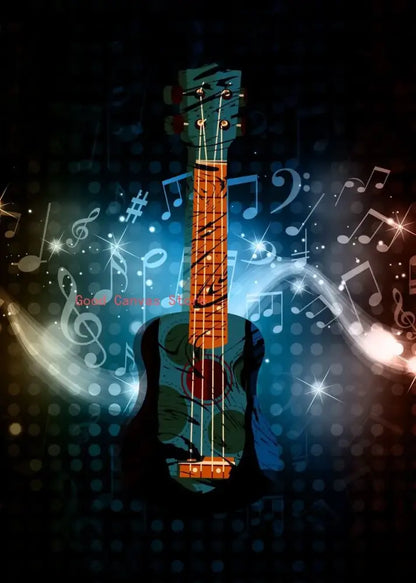 Abstract electric guitar canvas print featuring a stylized teal and orange ukulele with glowing blue aura and musical notes