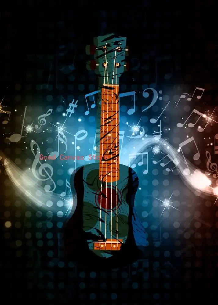 Abstract electric guitar canvas print featuring a stylized teal and orange ukulele with glowing blue aura and musical notes