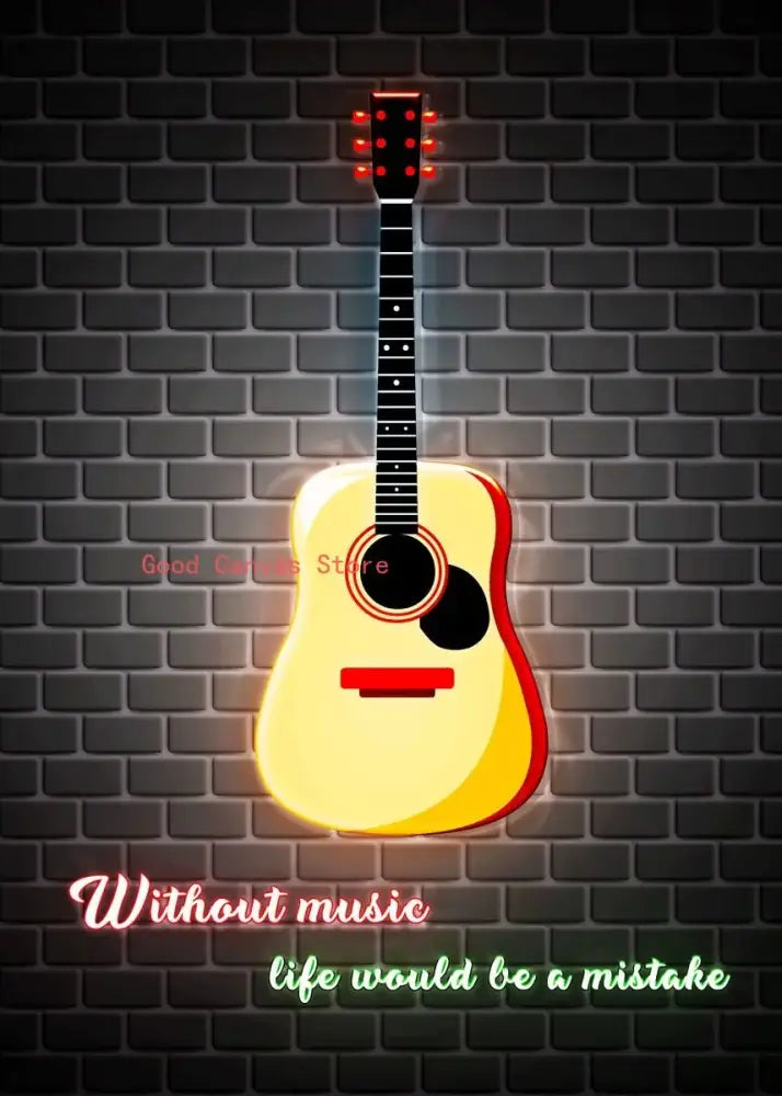Glowing yellow acoustic guitar with red outline and illuminated tuning pegs on abstract electric guitar canvas print