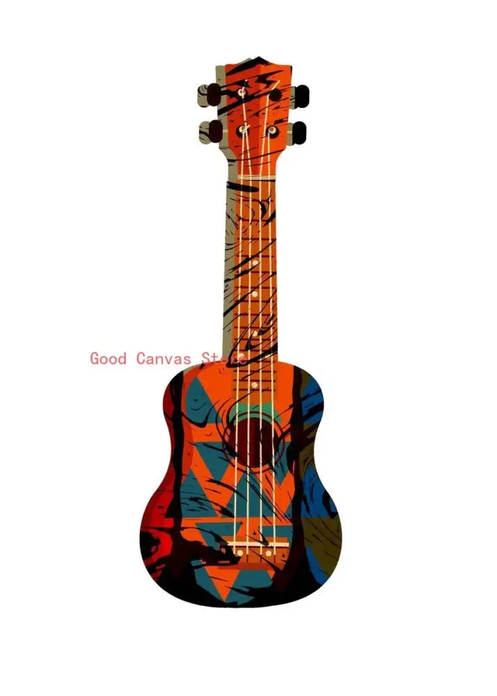 A vibrant abstract electric guitar canvas print featuring a bold orange ukulele with geometric patterns for living room wall art