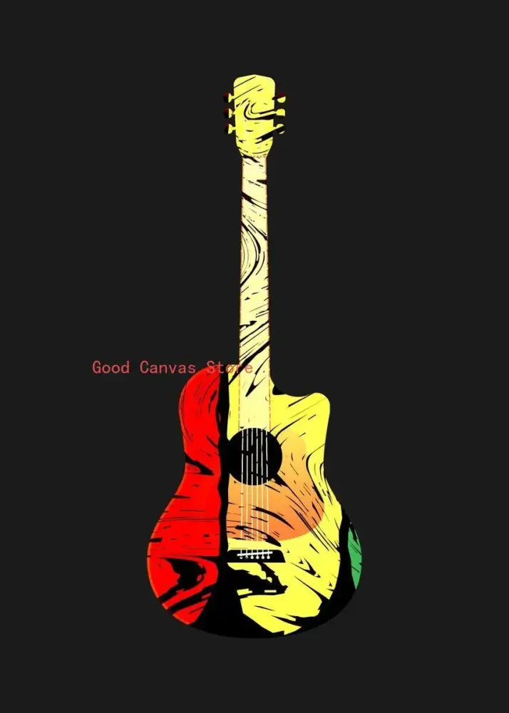 A vibrant abstract electric guitar canvas print with bold red yellow and green colors for living room wall art